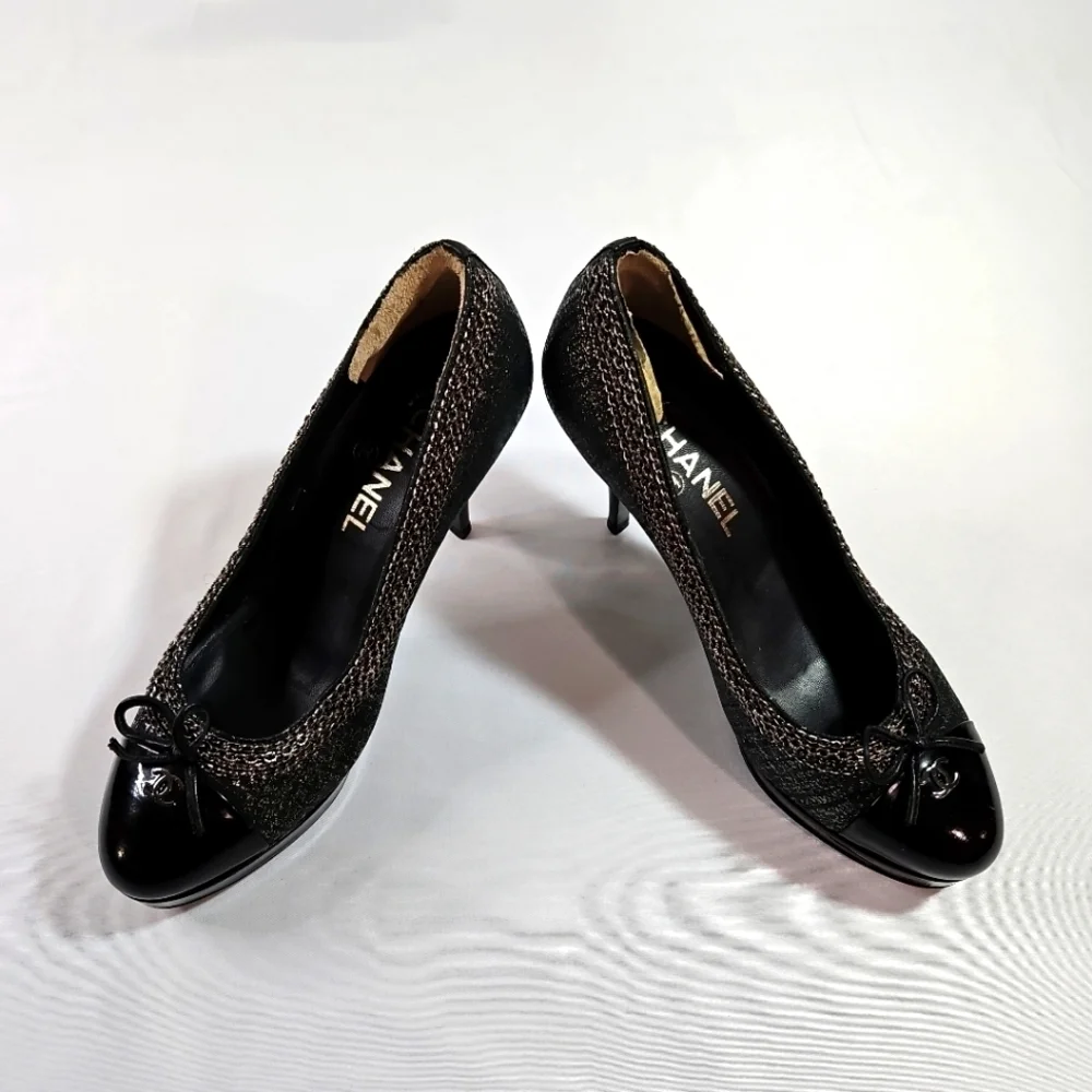 Chanel Black/Silver Suede & Black Patent Leather Platform Heels